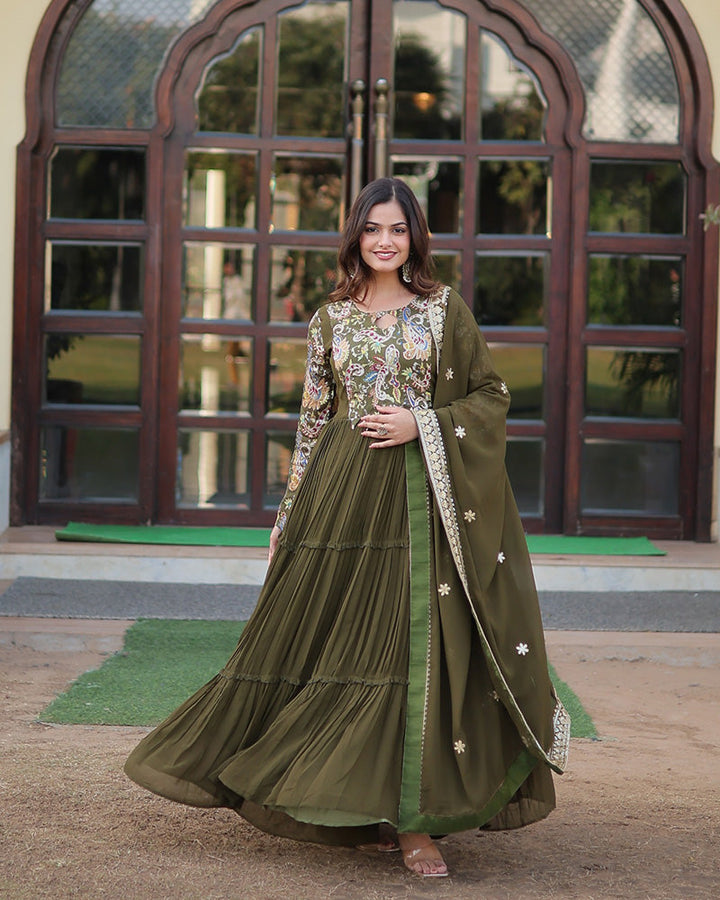 Mehndi Color Frill Georgette Gown With Dupatta  - By Qivii