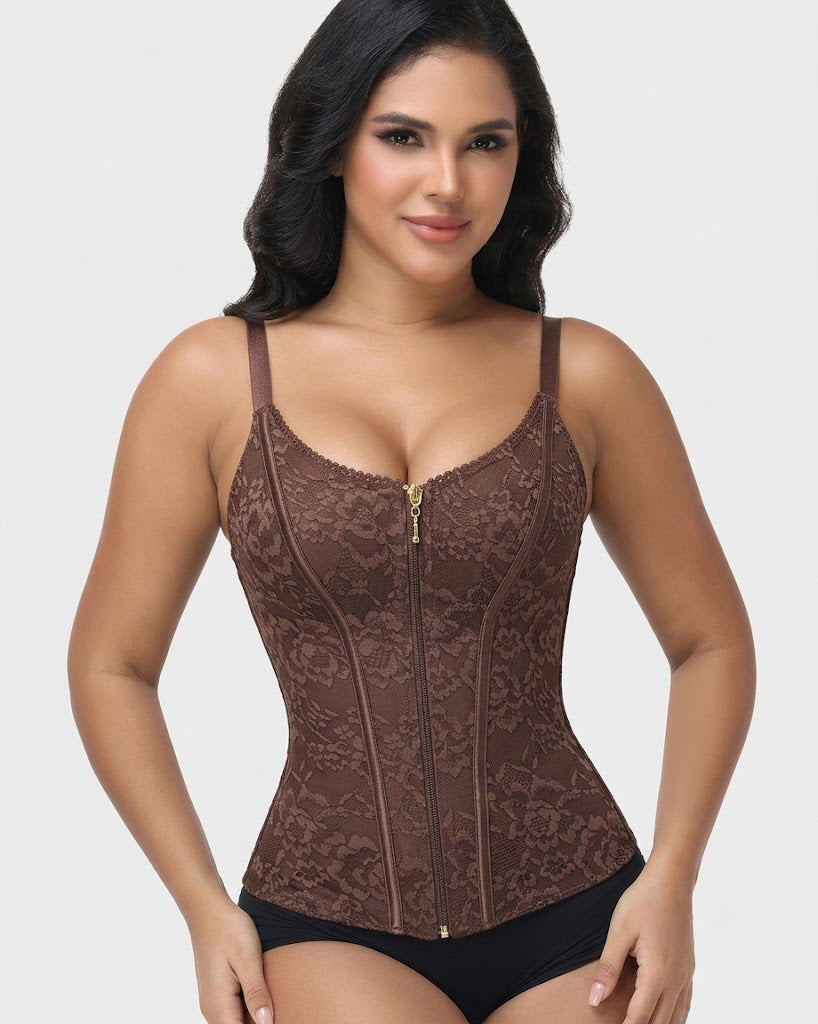 V Neck Full Lace Adjustable Strap Zipper Waist Trainer Faja Vest