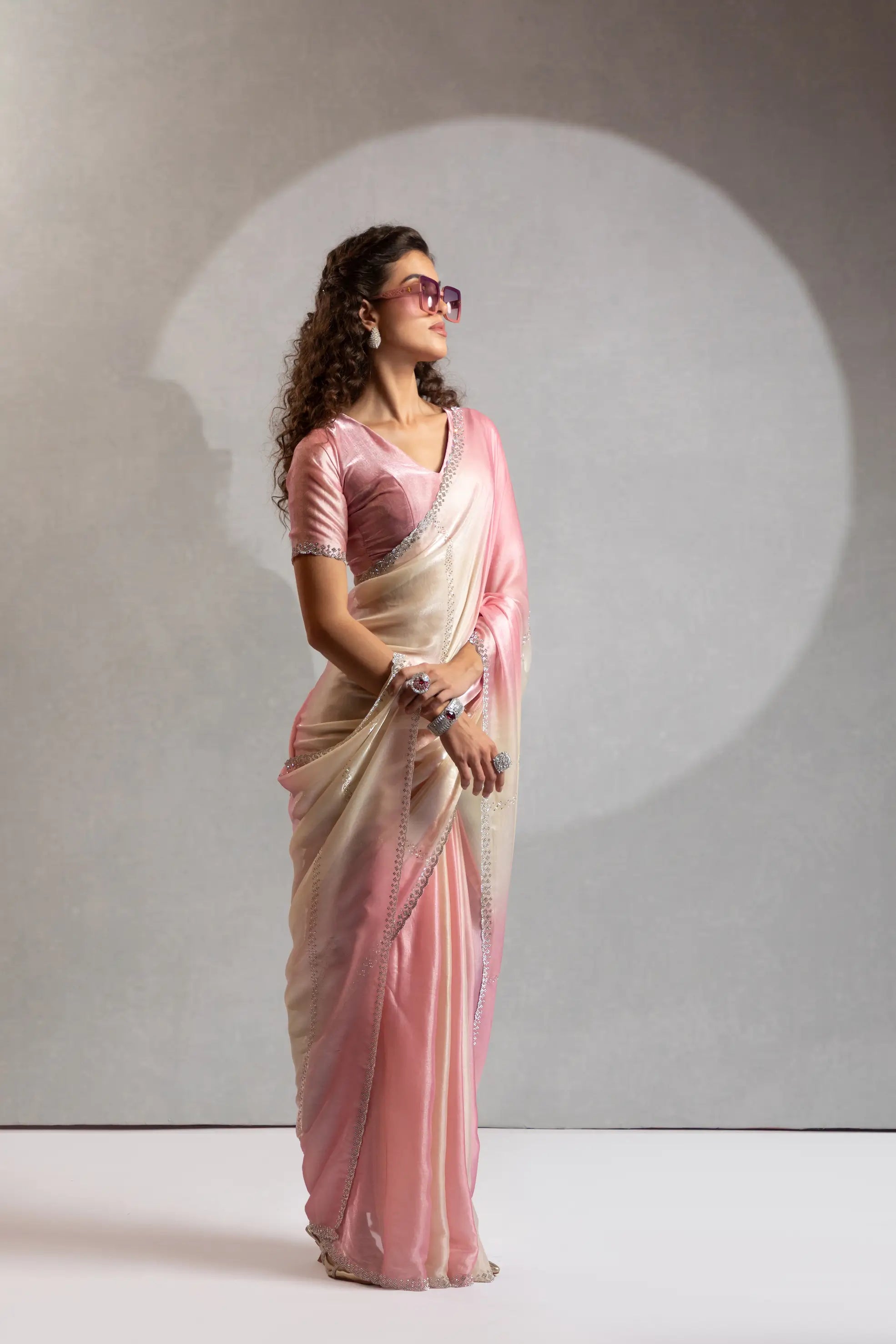 Blush Pink-Ivory Satin Silk Jarkan Hand Work Saree - qivii