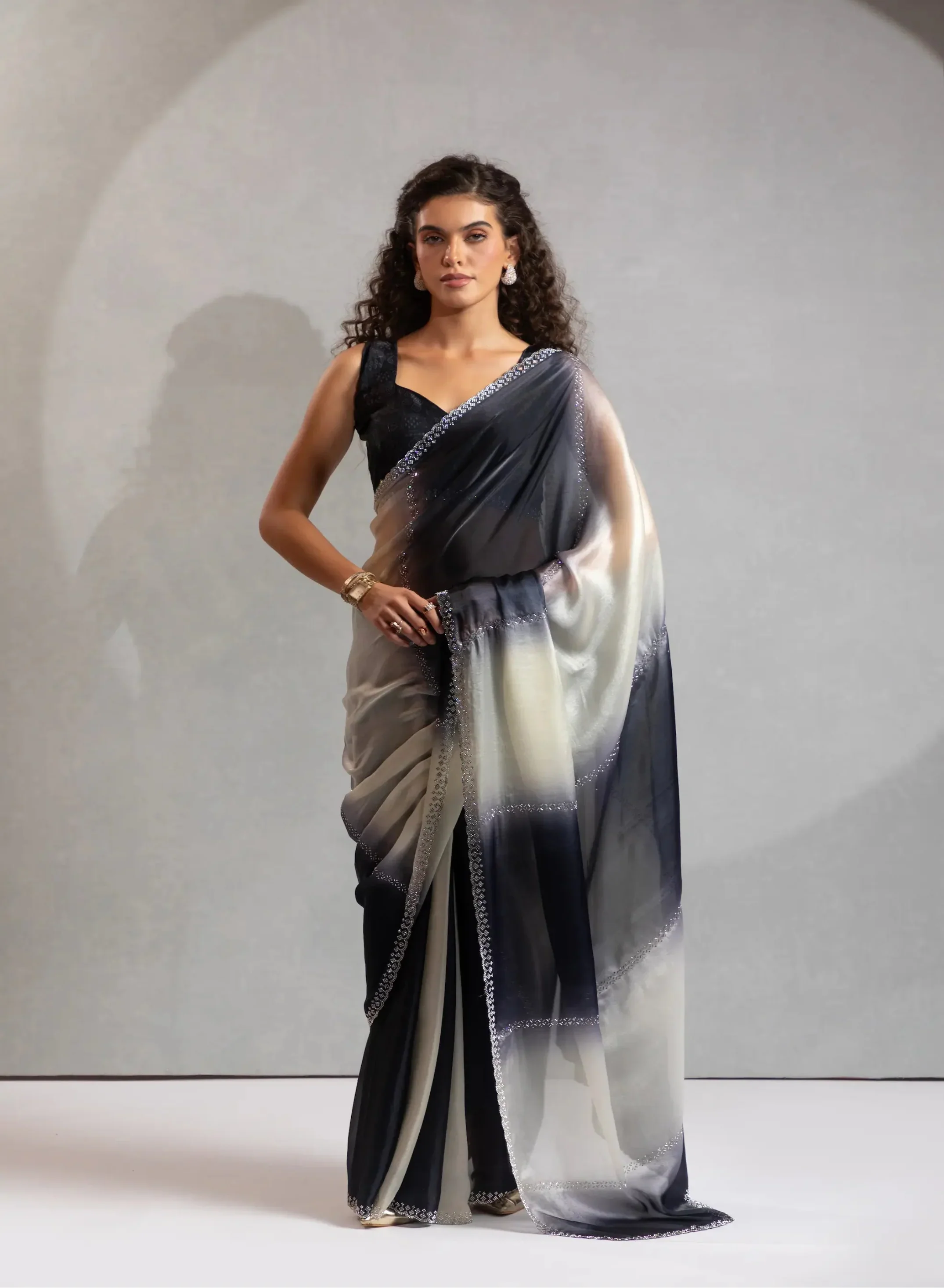 Black-Ivory Satin Silk Jarkan Hand Work Saree - qivii