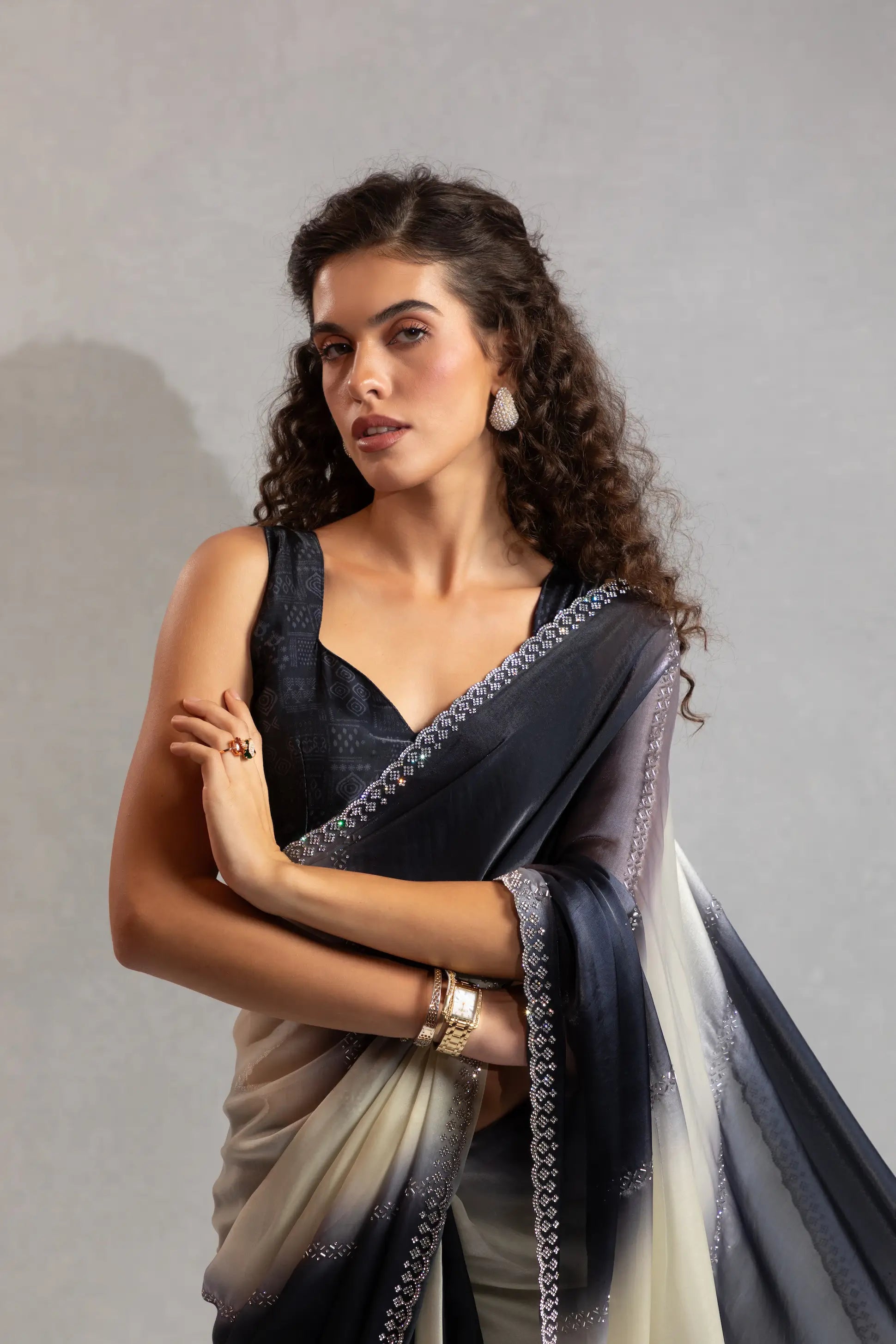 Black-Ivory Satin Silk Jarkan Hand Work Saree - qivii
