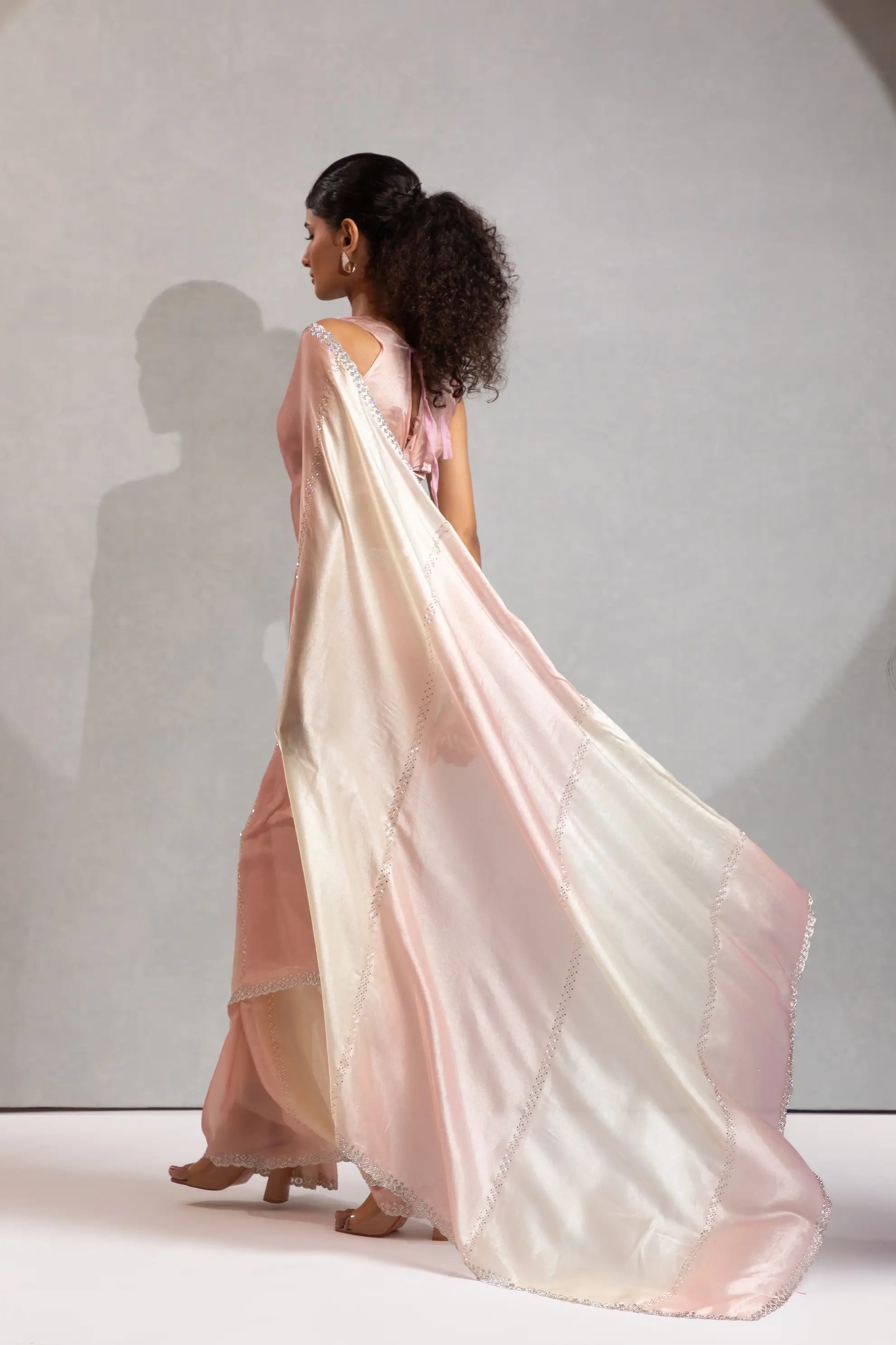 Peach-Ivory Satin Silk Jarkan Hand Work Saree - qivii