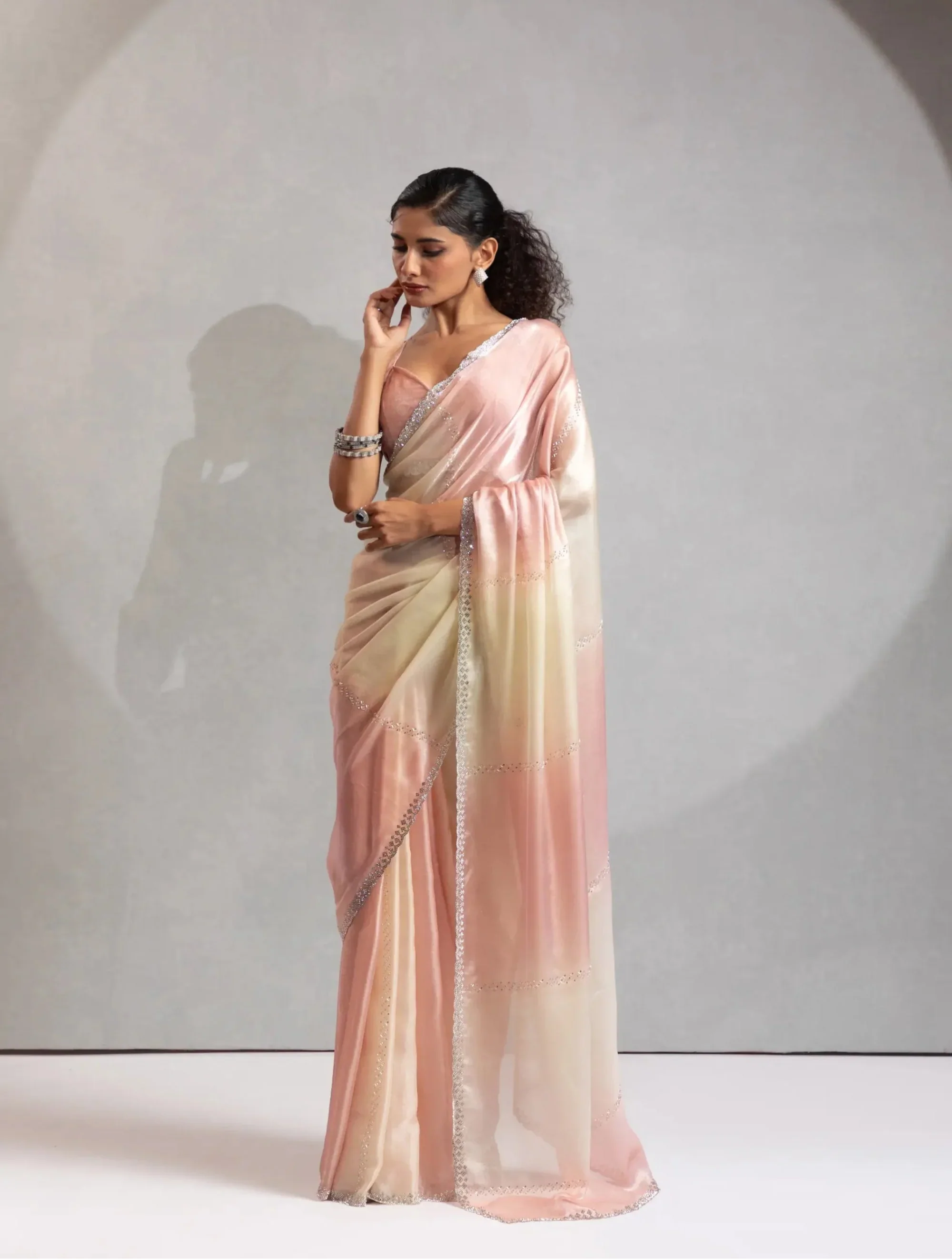 Peach-Ivory Satin Silk Jarkan Hand Work Saree - qivii