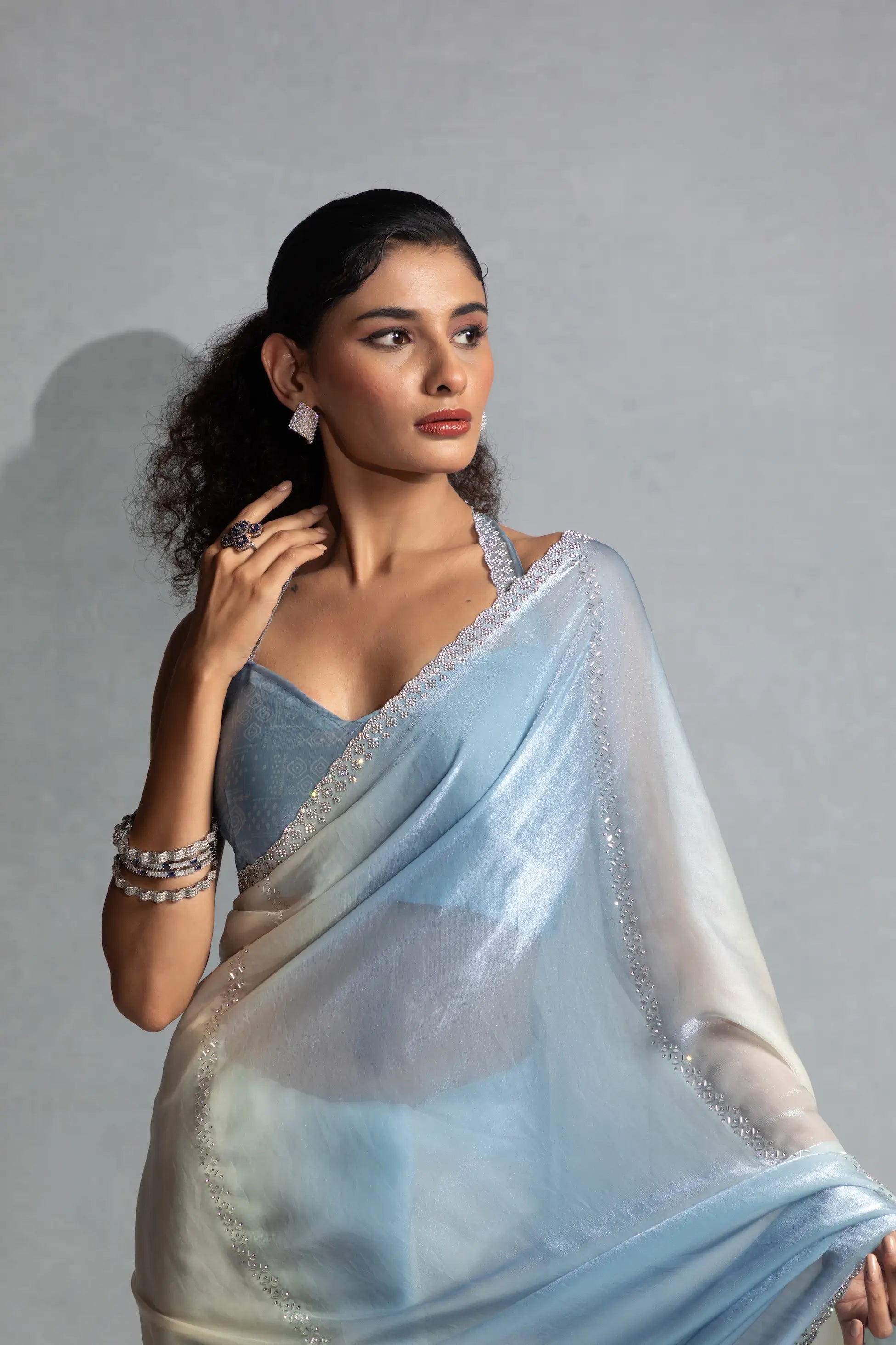 Bluish Grey-Ivory Satin Silk Jarkan Hand Work Saree - qivii