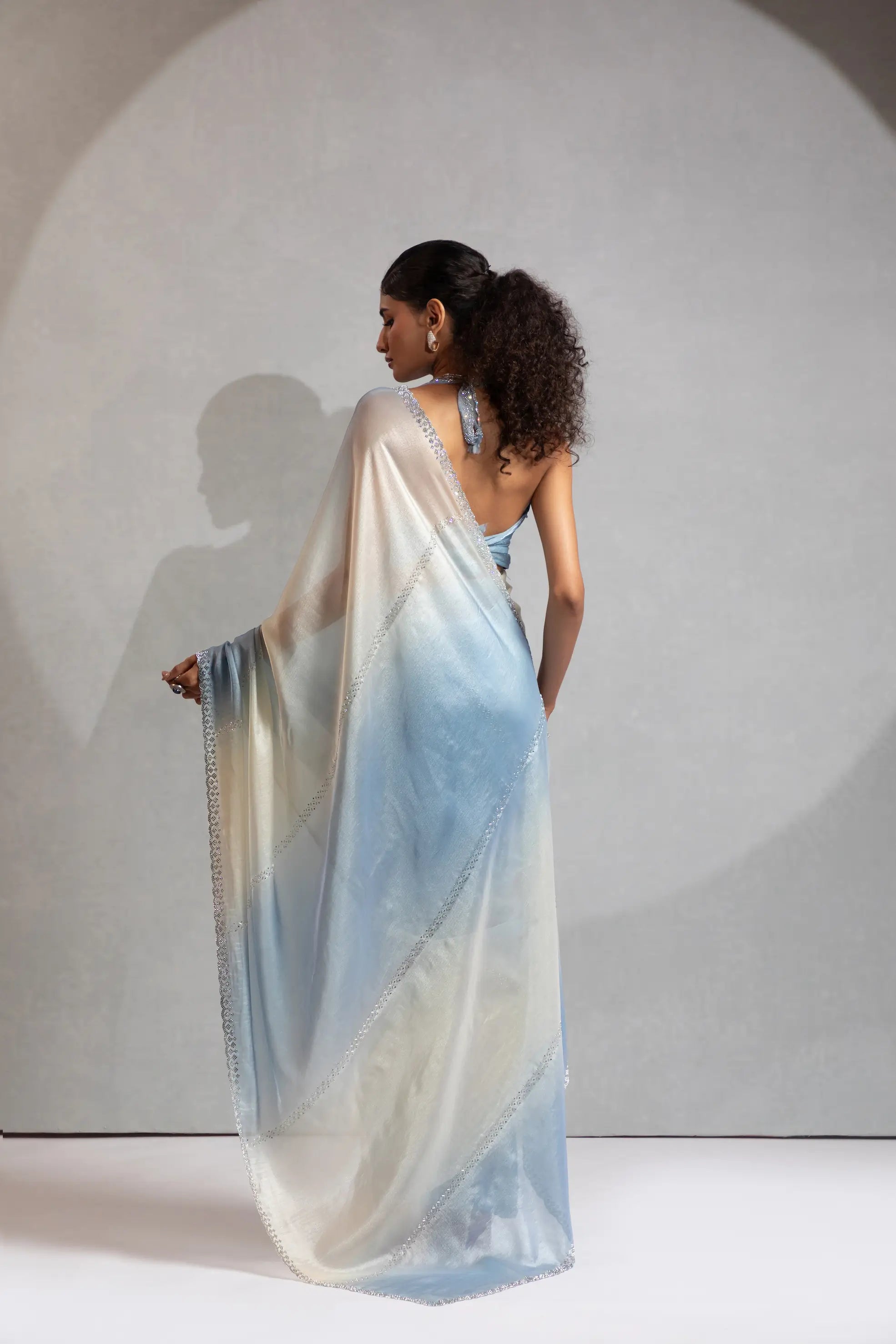 Bluish Grey-Ivory Satin Silk Jarkan Hand Work Saree - qivii
