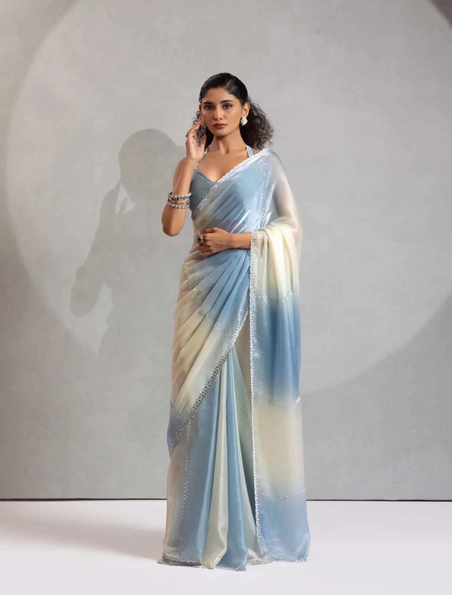 Bluish Grey-Ivory Satin Silk Jarkan Hand Work Saree - qivii