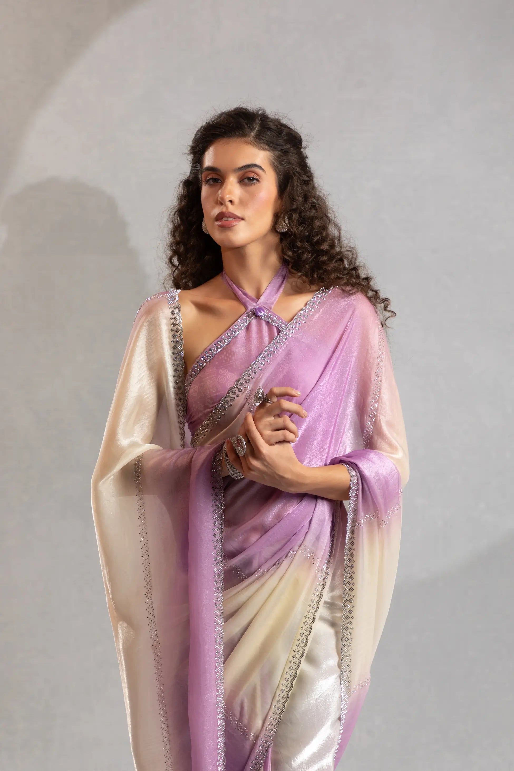 Dusty Purple-Ivory Satin Silk Jarkan Hand Work Saree - qivii