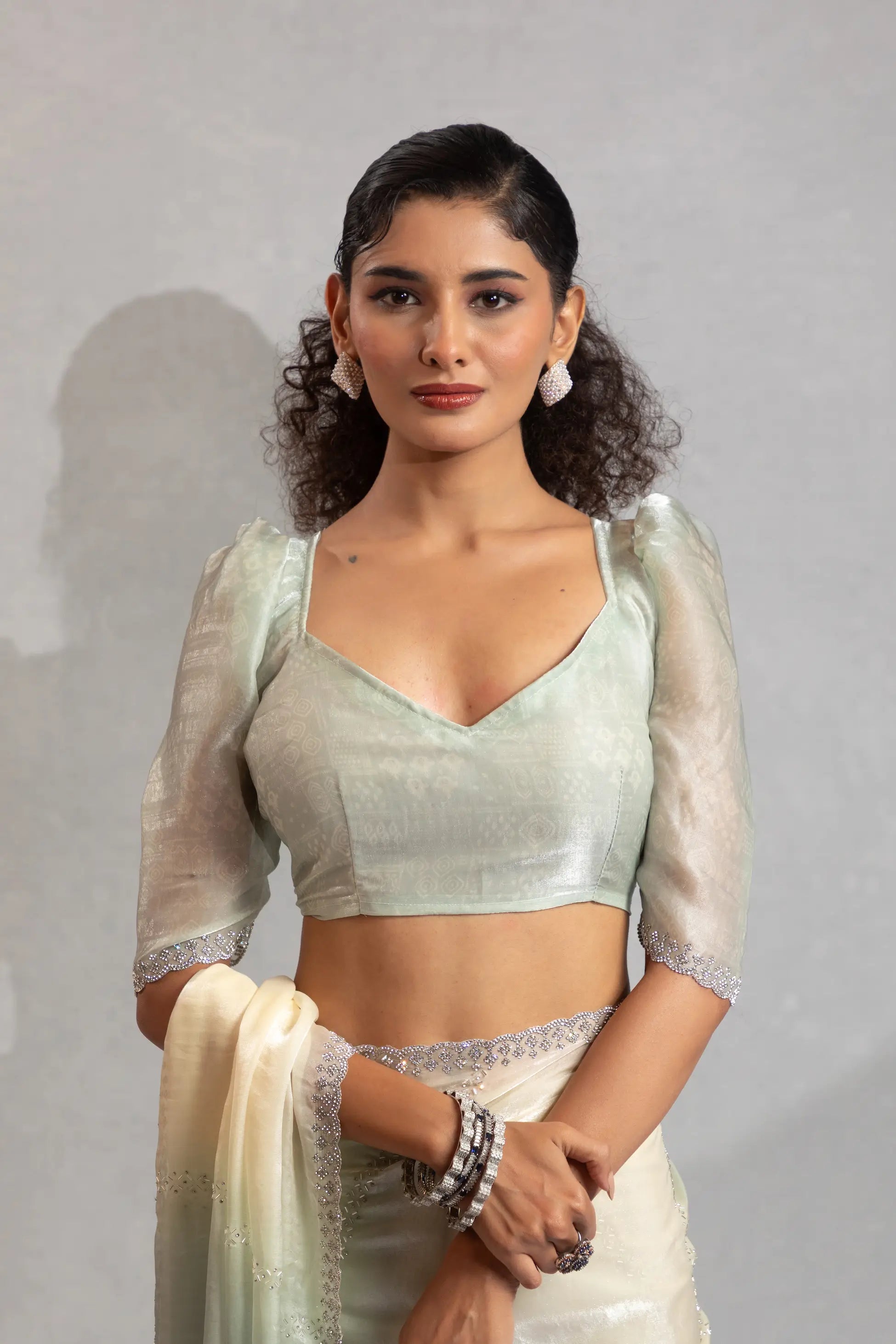 Greyish Green-Ivory Satin Silk Jarkan Hand Work Saree - qivii