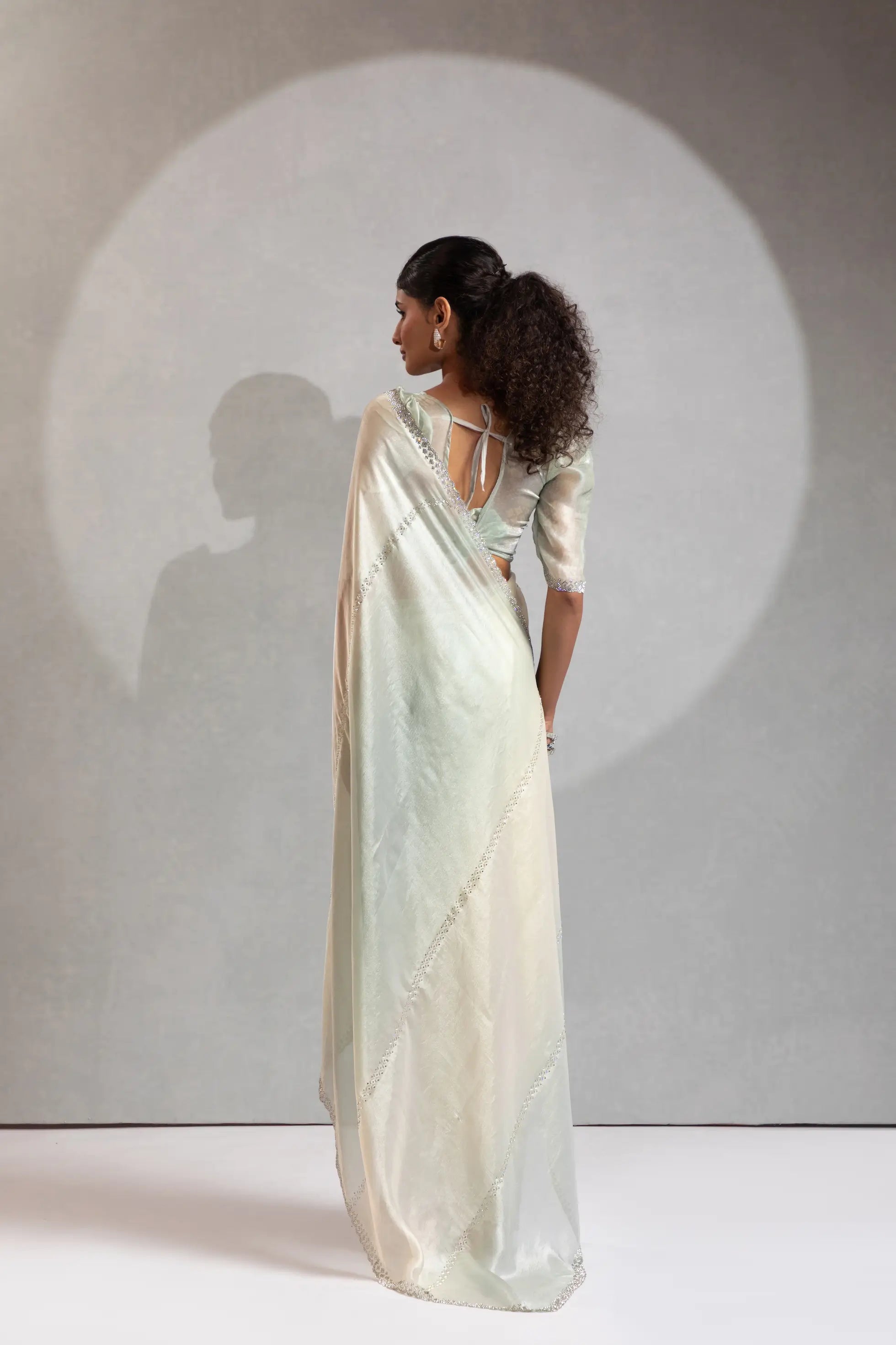 Greyish Green-Ivory Satin Silk Jarkan Hand Work Saree - qivii