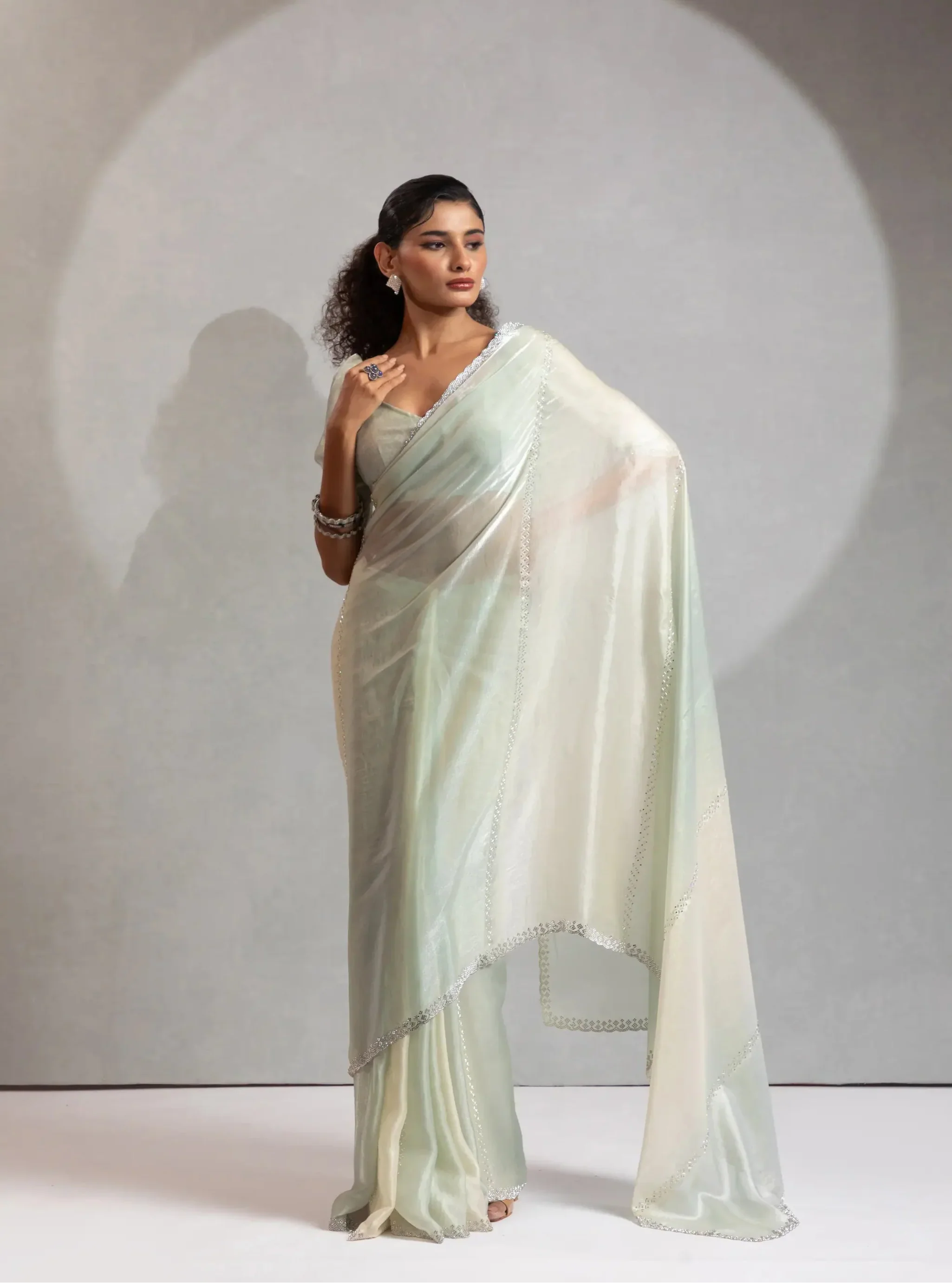 Greyish Green-Ivory Satin Silk Jarkan Hand Work Saree - qivii