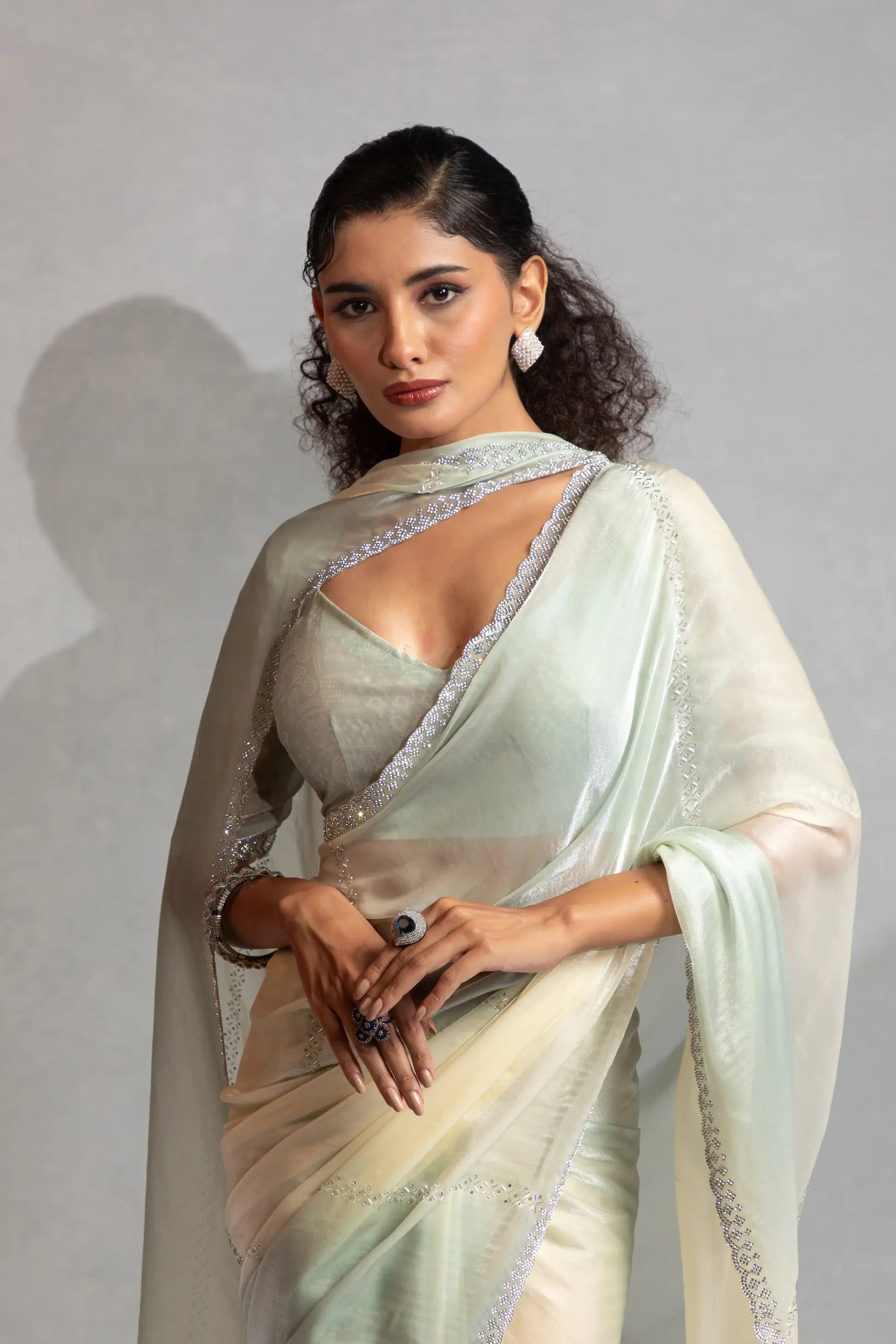 Greyish Green-Ivory Satin Silk Jarkan Hand Work Saree - qivii