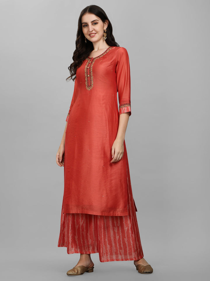 Rust Embroidery Kurta Suit Set by Qivii