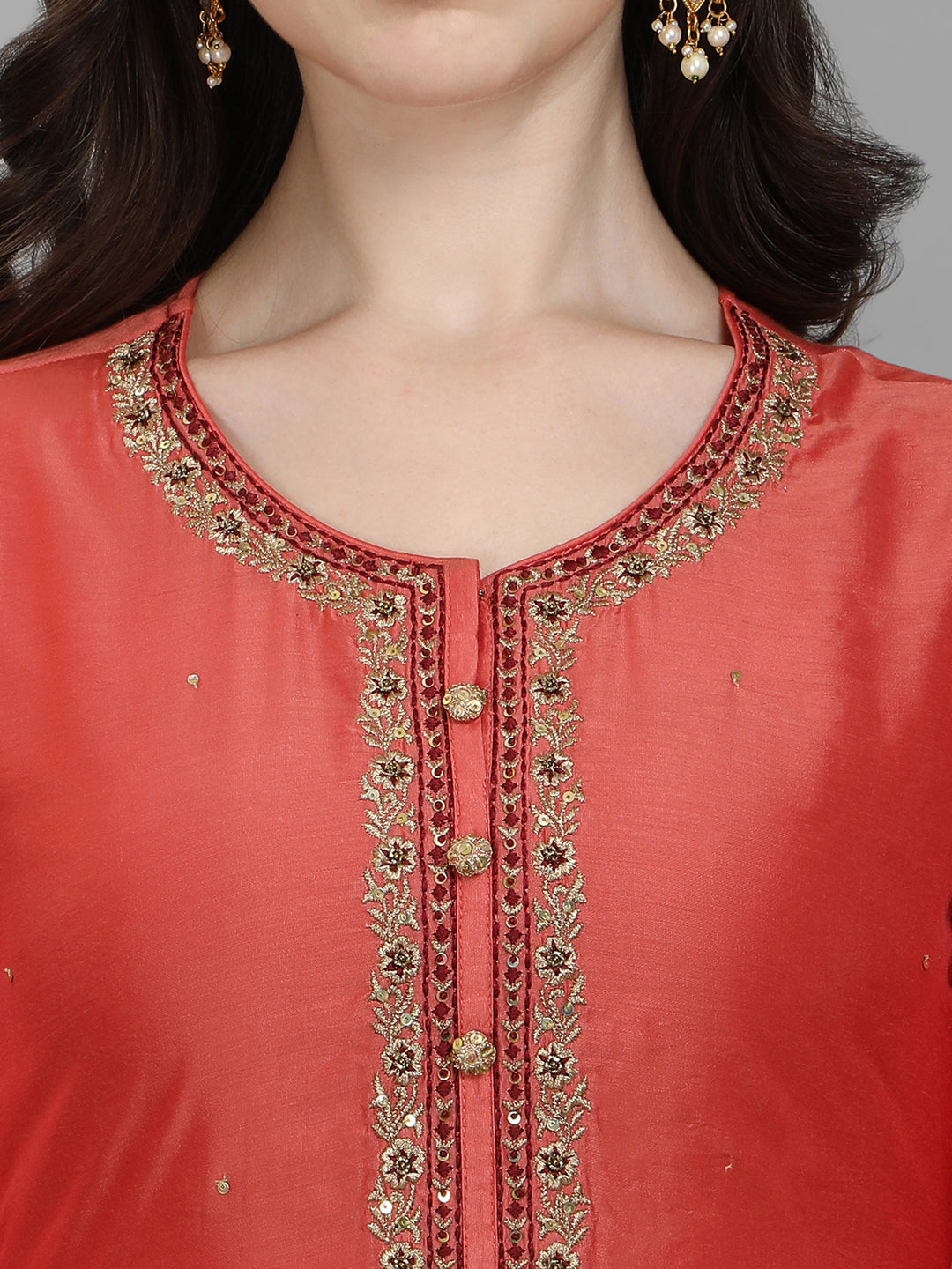 Rust Embroidery Kurta Suit Set by Qivii