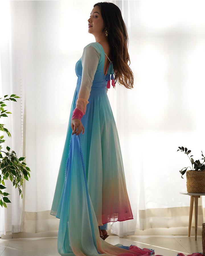 Beautiful Multi Color Georgette Three Piece Anarkali Suit  - By Qivii