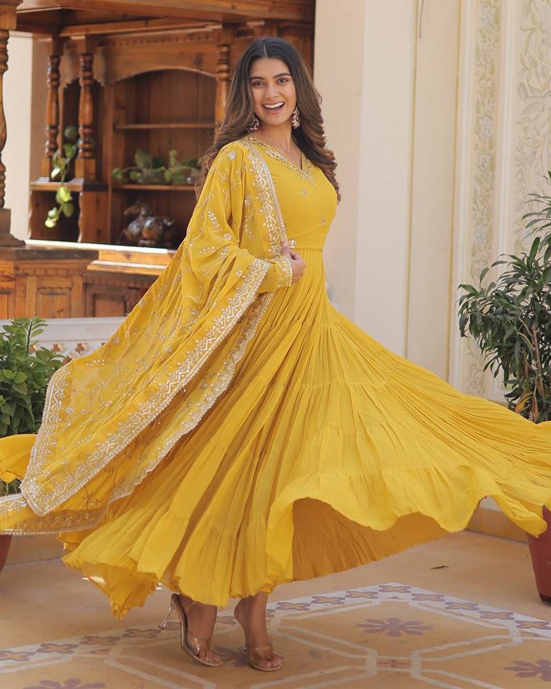 Yellow Color Faux Georgette Designer Anarkali Gown With Dupatta  - By Qivii