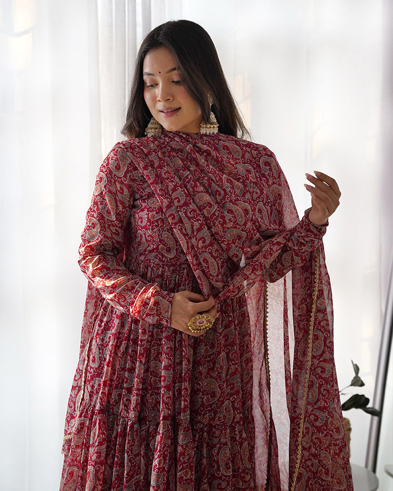 Qivii's new design maroon Anarkali suit with Kalamkari print