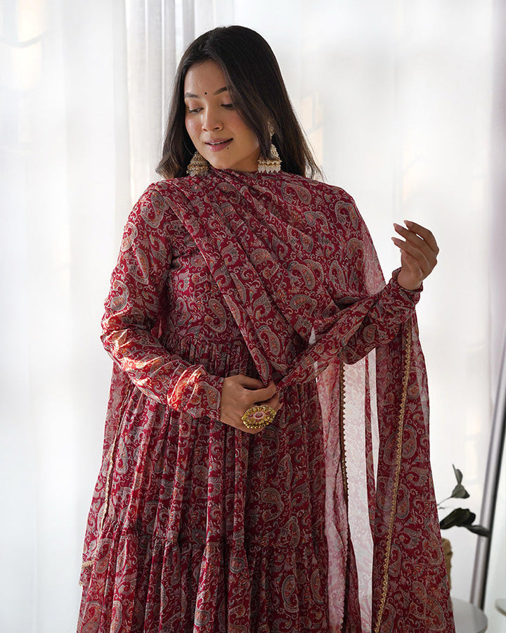 New Design Kalamkari Maroon Color Three Layer Anarkali Suit  - By Qivii