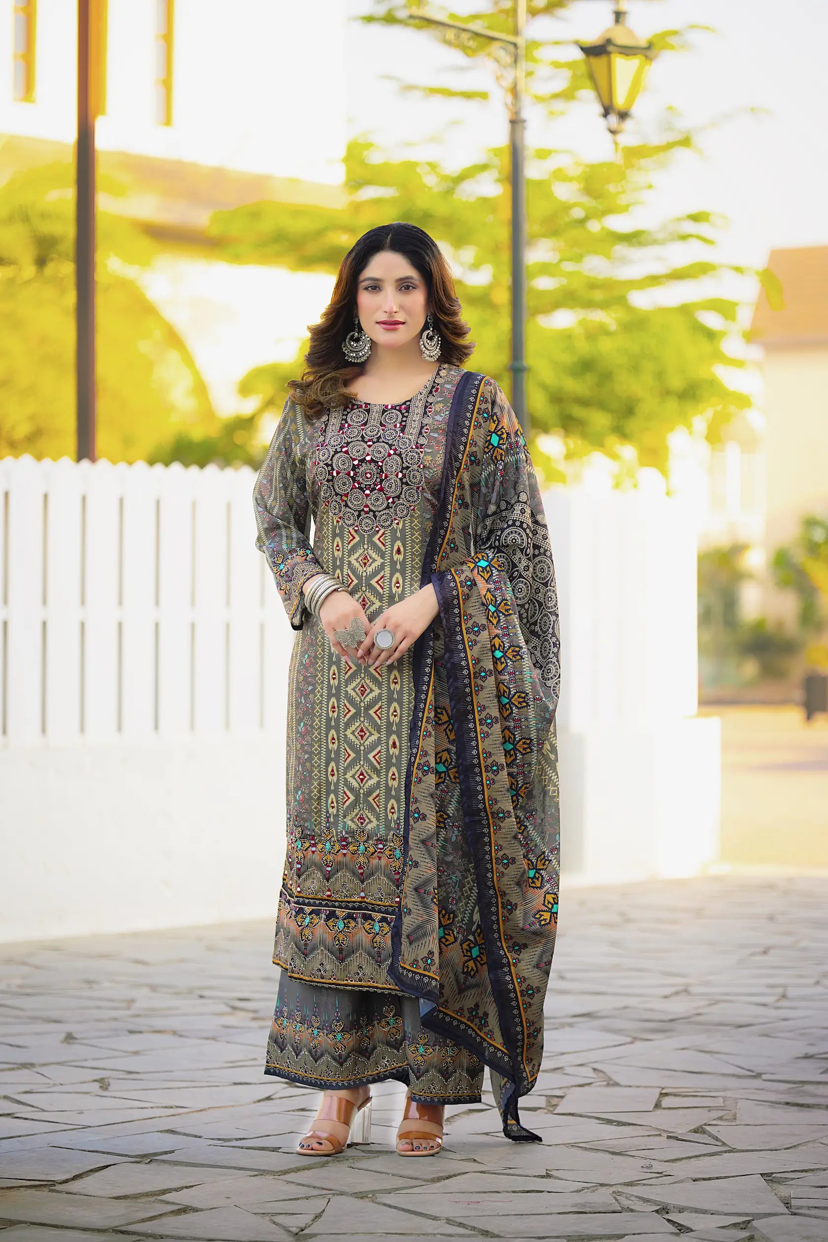 Olive Grey Chinon Handwork & Printed Salwar Suit - qivii