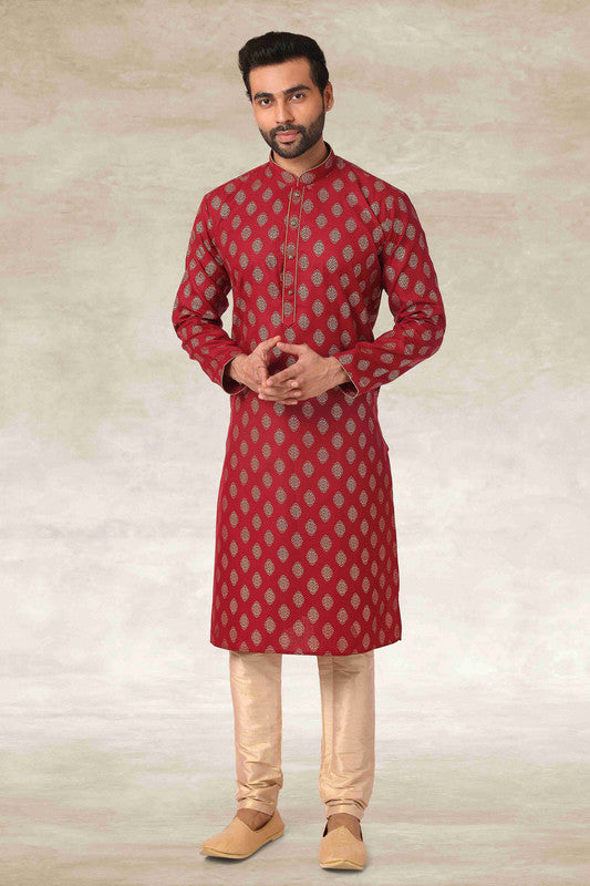 Men's Cotton Printed Work Kurta Pajama In Maroon Colour