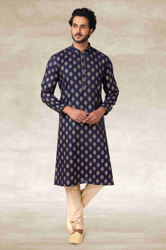 Men's Cotton Printed Work Kurta Pajama In Navy Blue Colour