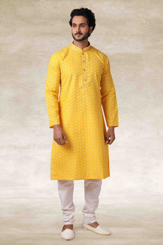Men's Cotton Printed Work Kurta Pajama In Yellow Colour