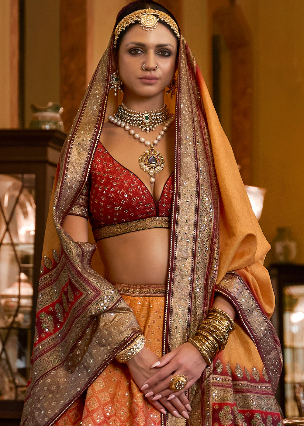 Yellow & Red Ready to Wear Designer Silk Lehenga Choli with Sparkle & Mirror work | Ready To Wear - qivii