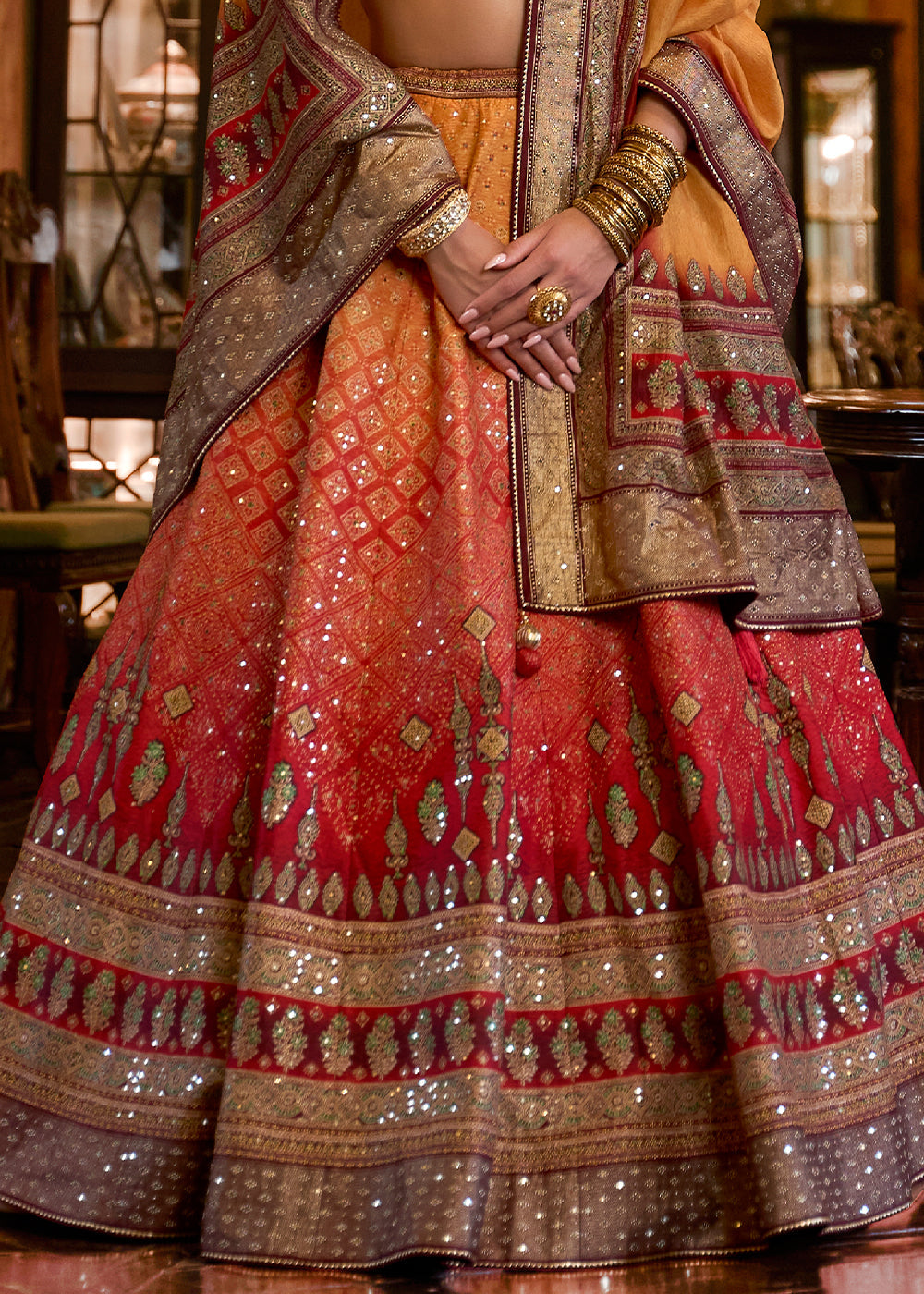 Yellow & Red Ready to Wear Designer Silk Lehenga Choli with Sparkle & Mirror work | Ready To Wear - qivii