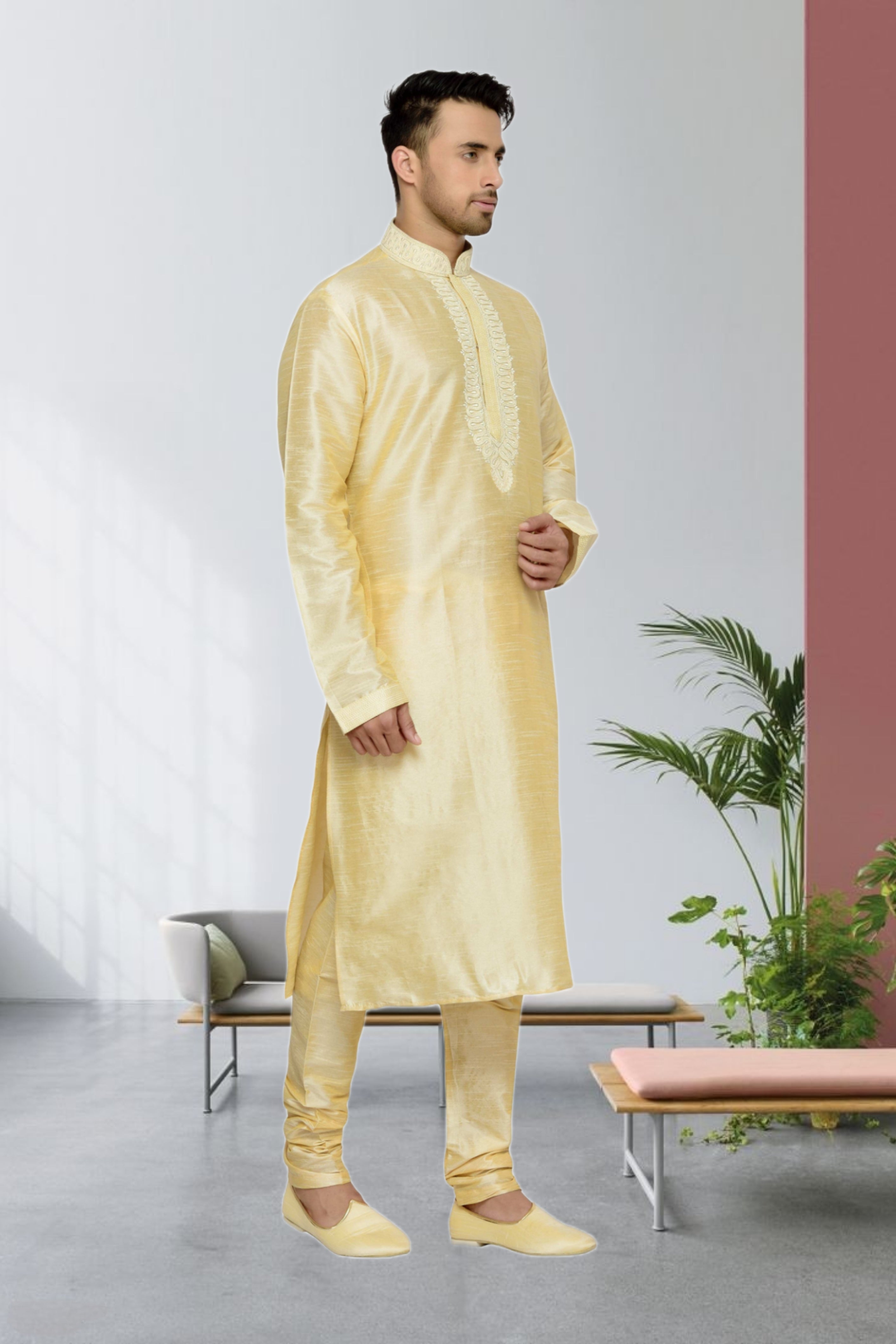 Men's Cotton Printed Work Kurta Pajama In Yellow Colour