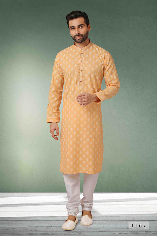 Men's Cotton Printed Work Kurta Pajama In Peach Colour