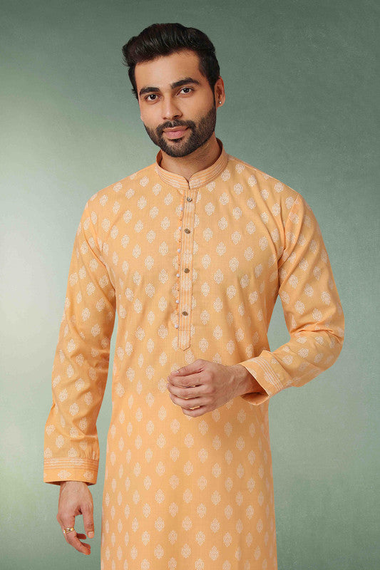 Men's Cotton Printed Work Kurta Pajama In Peach Colour