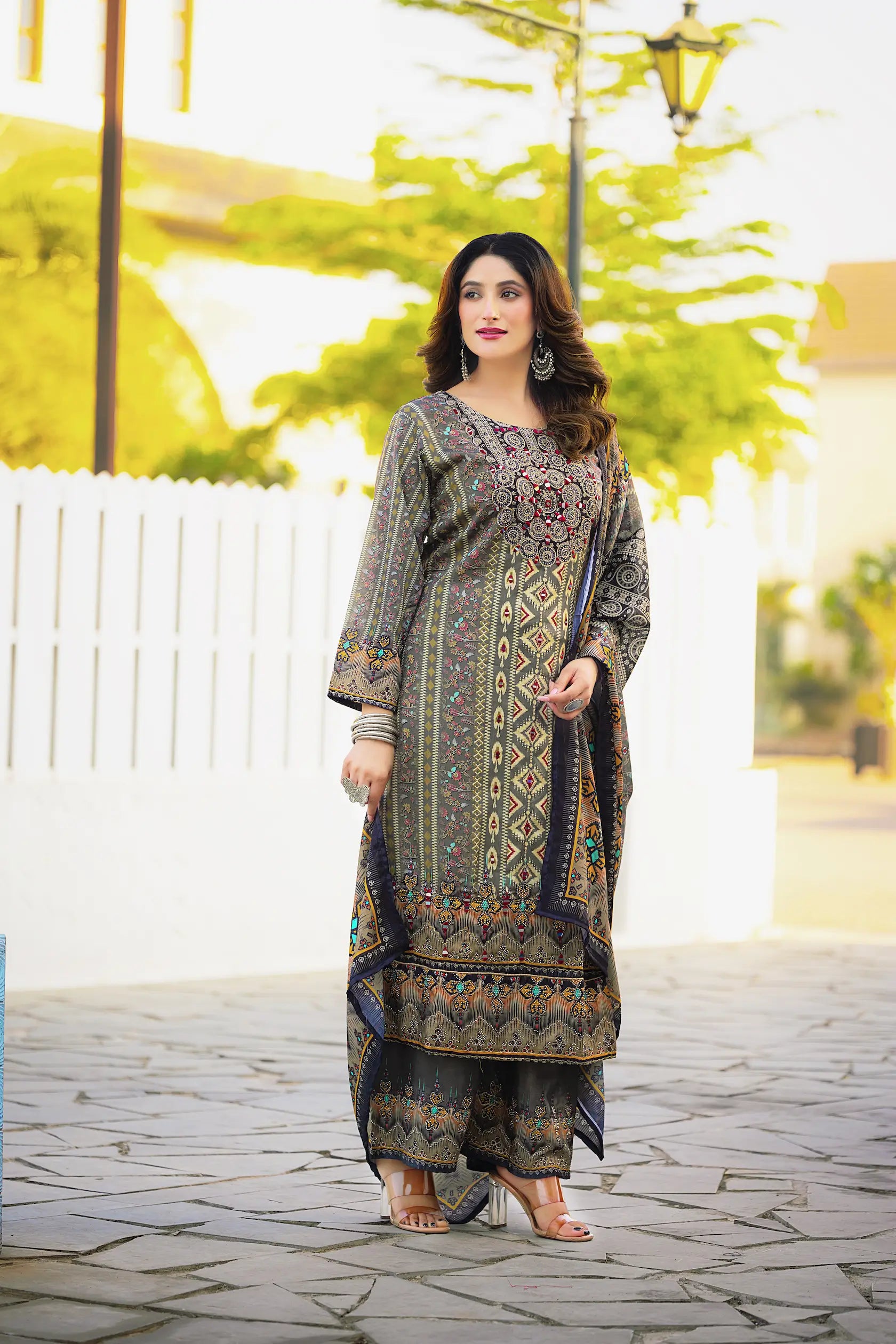 Olive Grey Chinon Handwork & Printed Salwar Suit - qivii