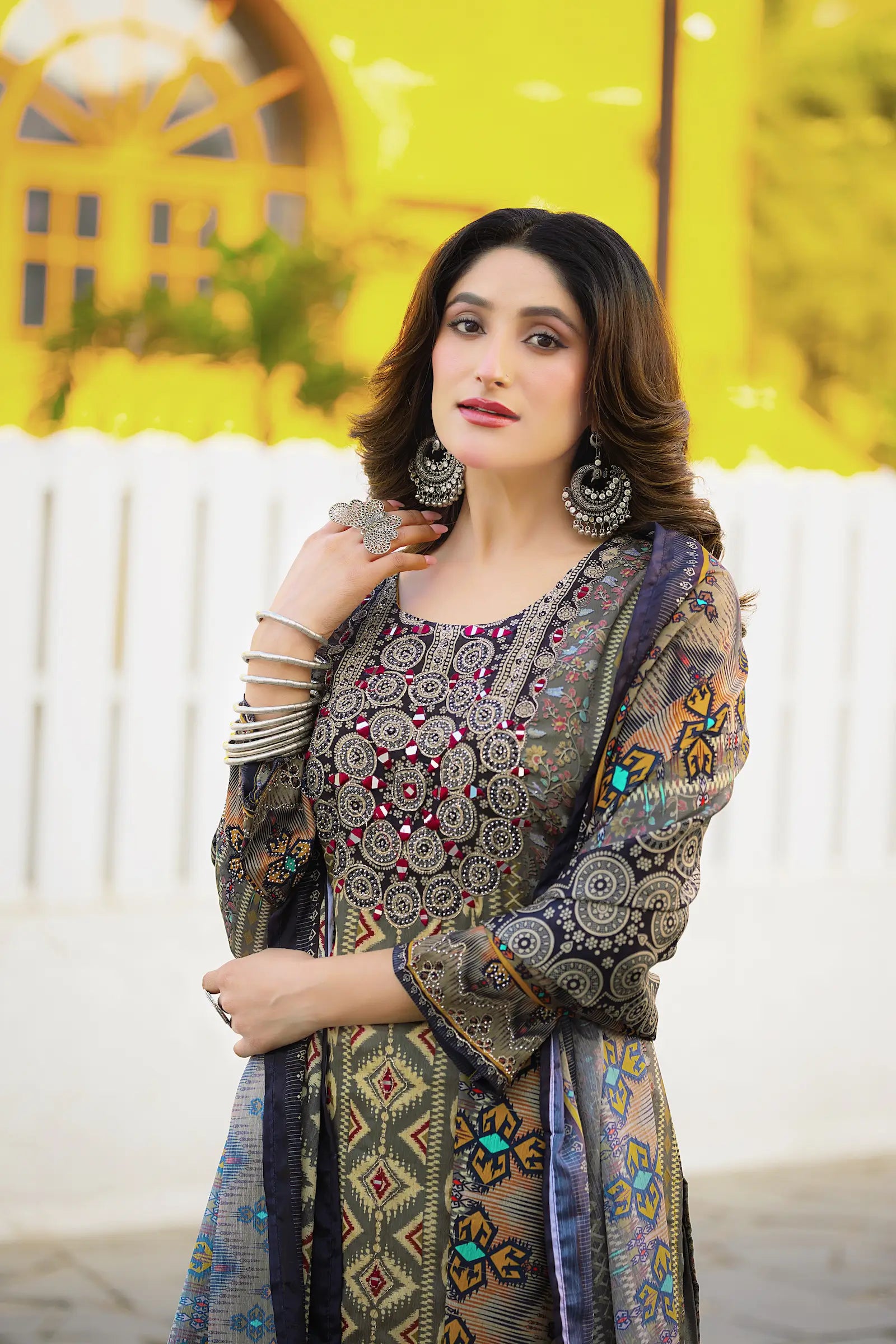 Olive Grey Chinon Handwork & Printed Salwar Suit - qivii