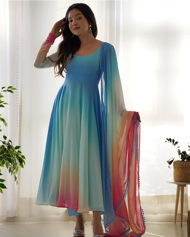 Eye-catching multi-color anarkali suit with flared silhouette and matching dupatta