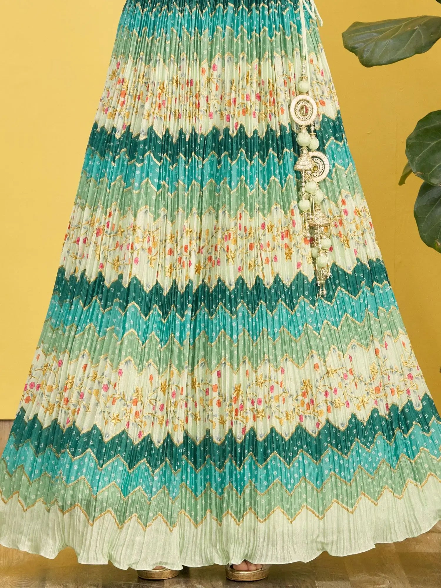 Pine Green Lehenga With Digital Print And Thread Zari Sequins Embroidery Real Mirror Work | Ready To Wear - qivii