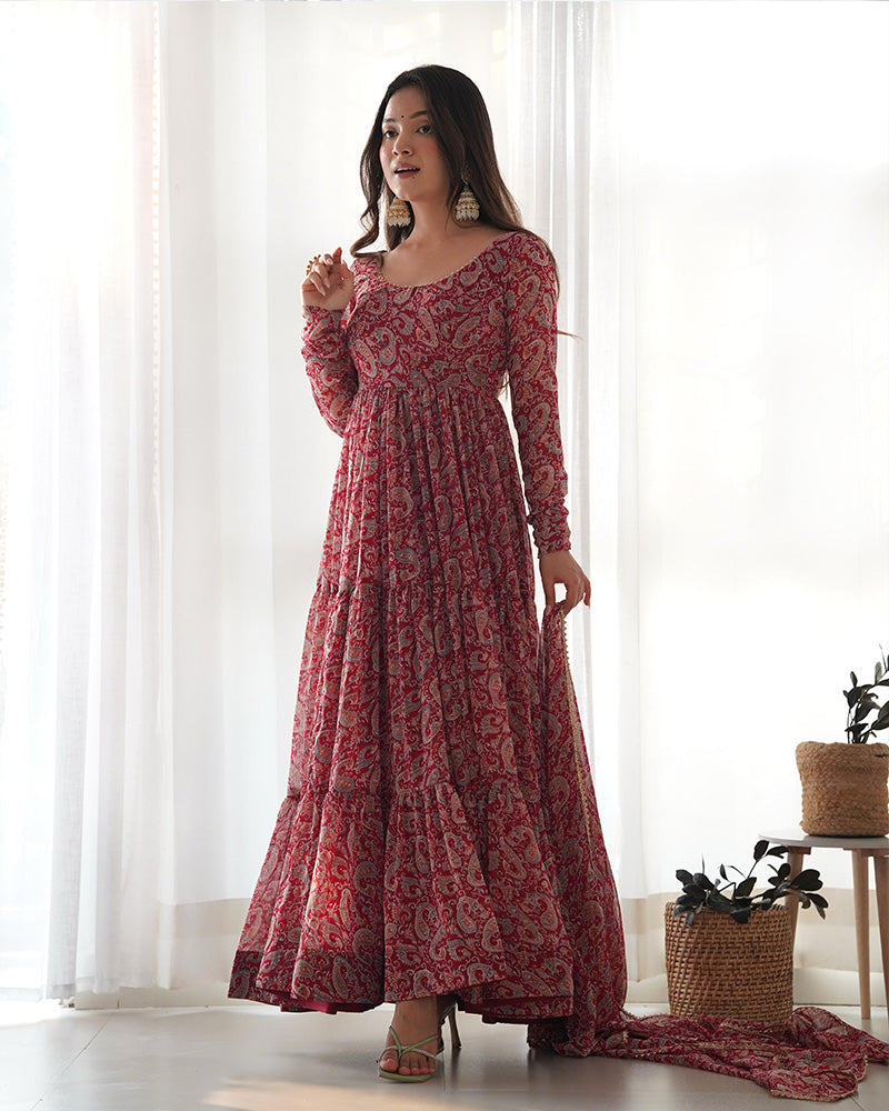 New Design Kalamkari Maroon Color Three Layer Anarkali Suit  - By Qivii