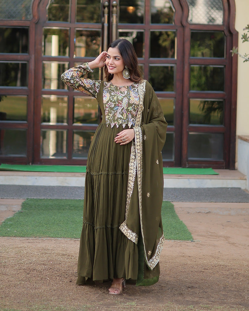 Mehndi Color Frill Georgette Gown With Dupatta  - By Qivii