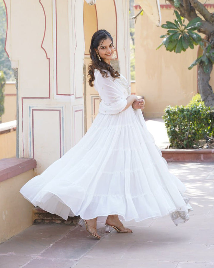 Designer white color frill georgette floor touch gown with dupatta by Qivii, perfect for special occasions and events