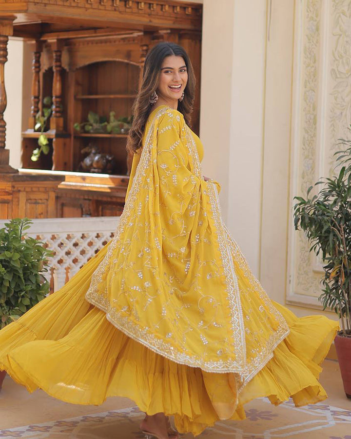 Yellow Color Faux Georgette Designer Anarkali Gown With Dupatta  - By Qivii