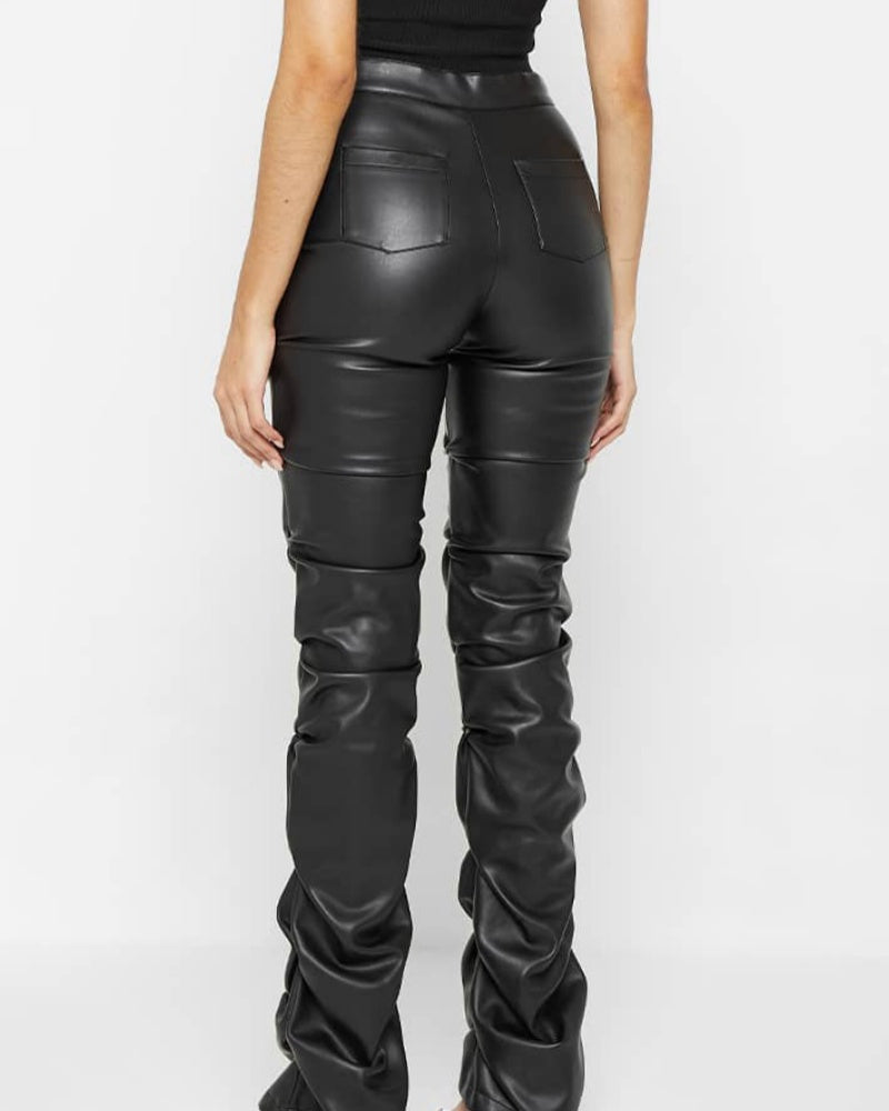 PU Leather Personalized Pleated Flared Pants  - By Qivii