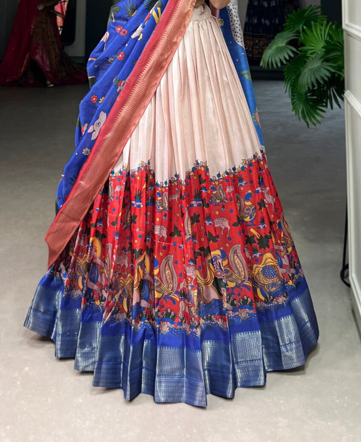 Kalamkari Print Dola Silk Lehenga with a Weaving Border in Red Color