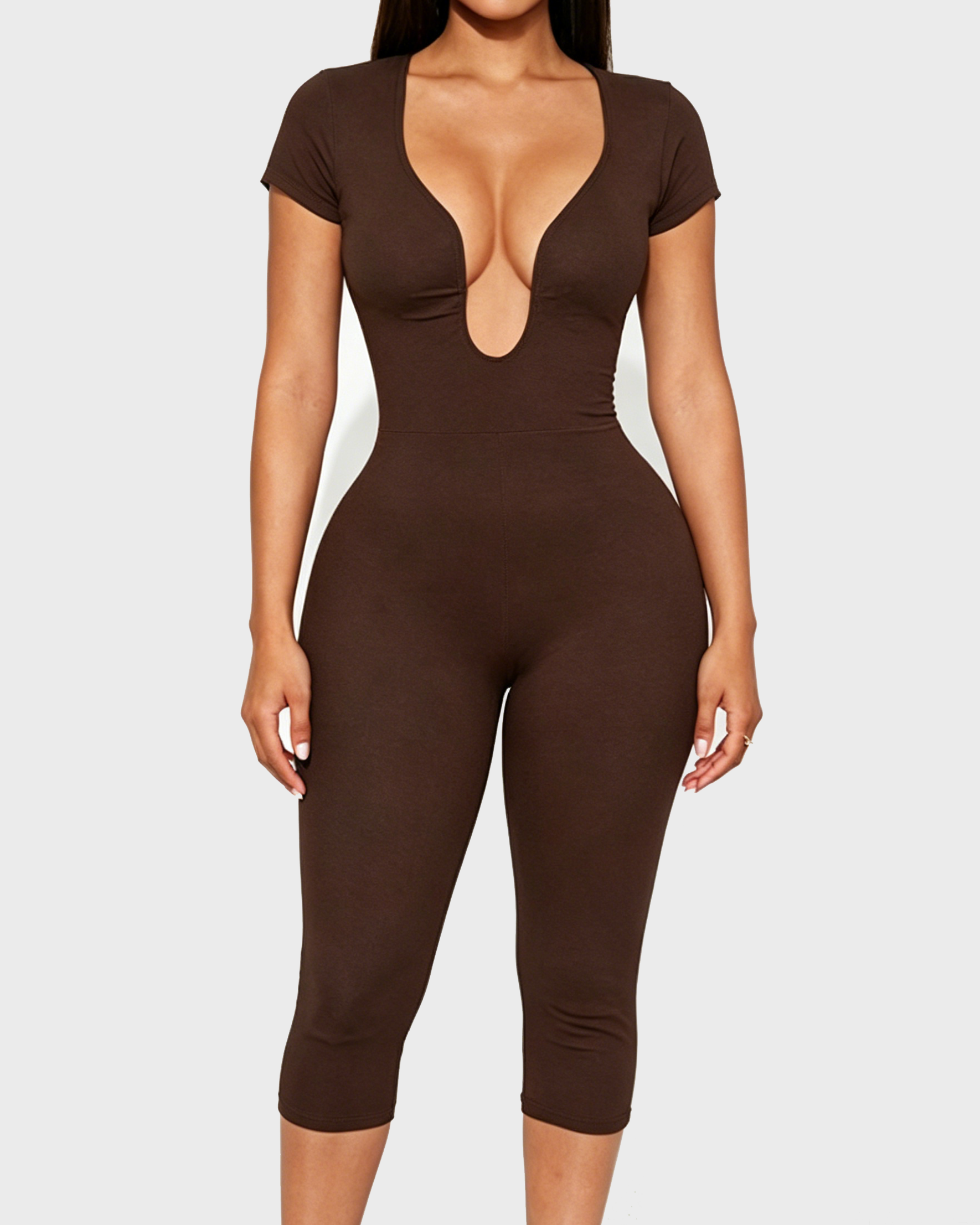 Short Sleeve Plunge Neck Bodycon Capri Jumpsuit with Back Zipper  - By Qivii