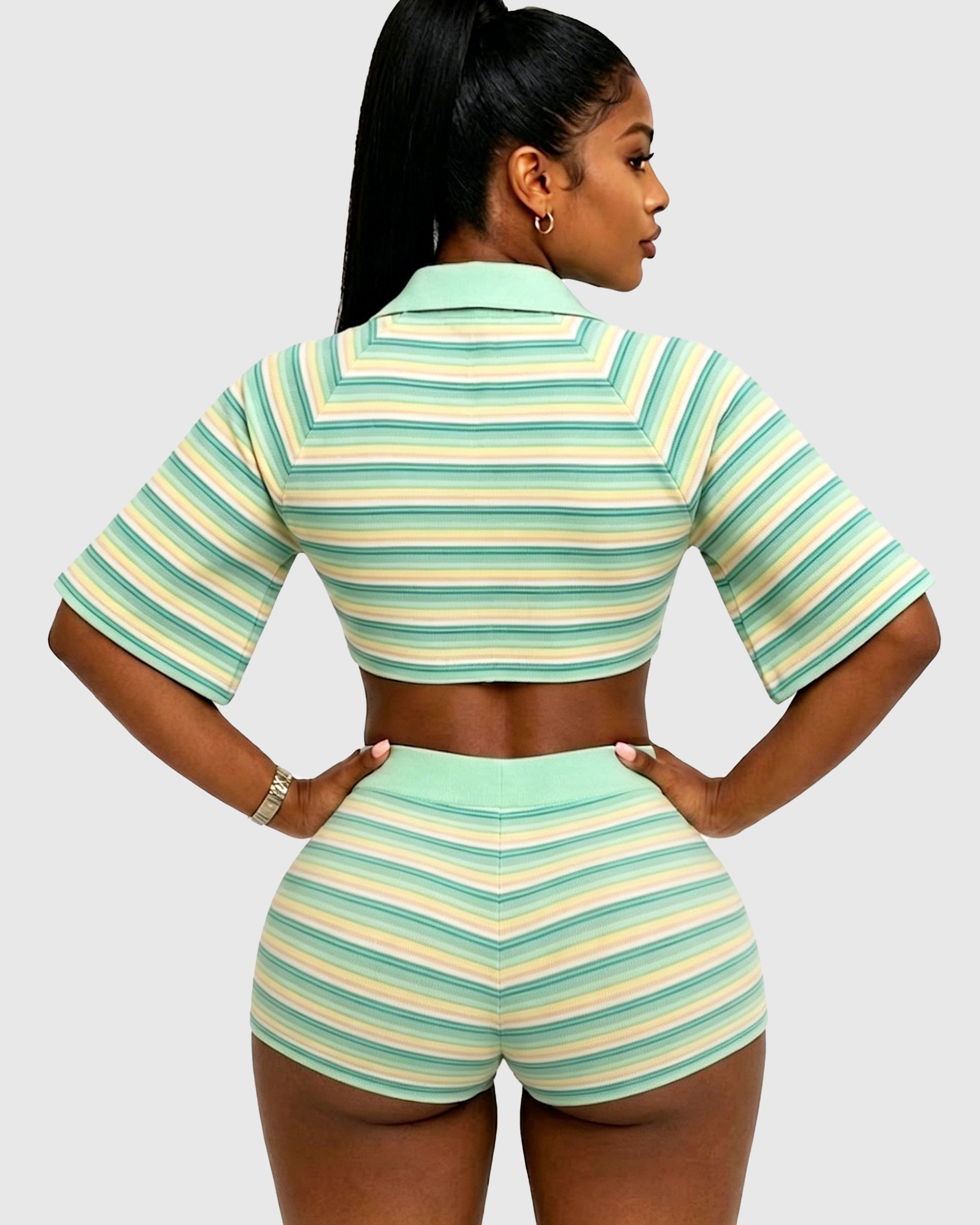 Striped Polo Crop Top High Waist Butt Lifting Shorts Two Piece Set  - By Qivii