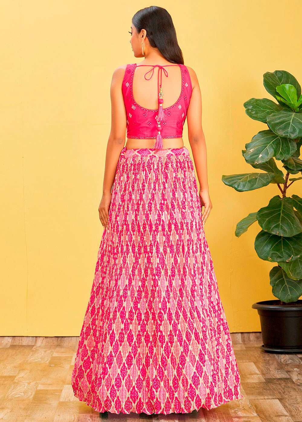 Hot Pink Digital Printed Chinnon Lehenga with Thread,Zari & Sequins Work | Ready To Wear - qivii