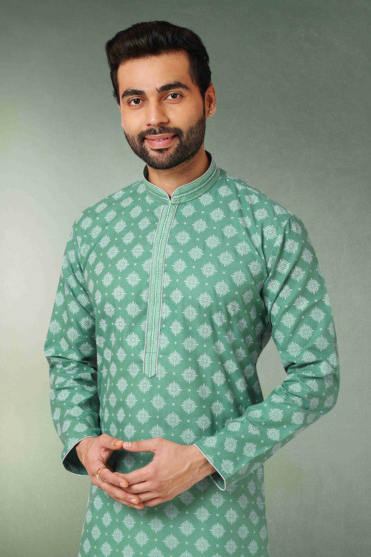 Men's Cotton Printed Work Kurta Pajama In Green Colour
