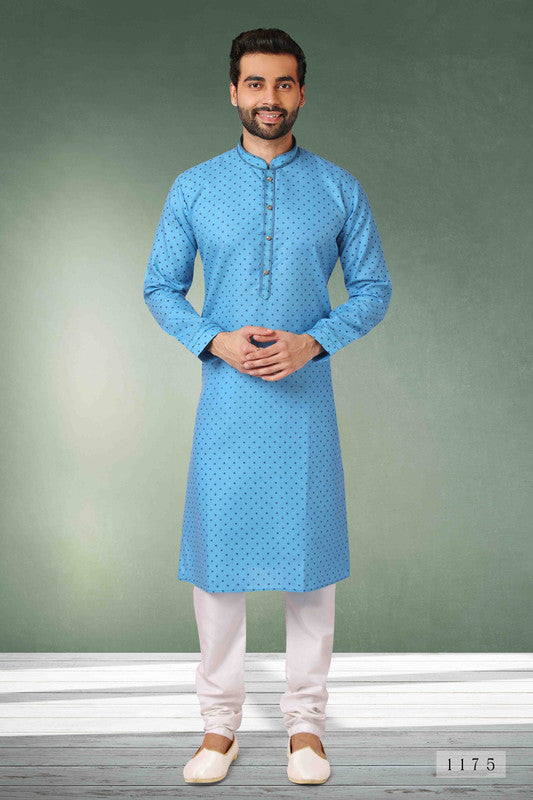 Men's Cotton Printed Work Kurta Pajama In Light Blue Colour