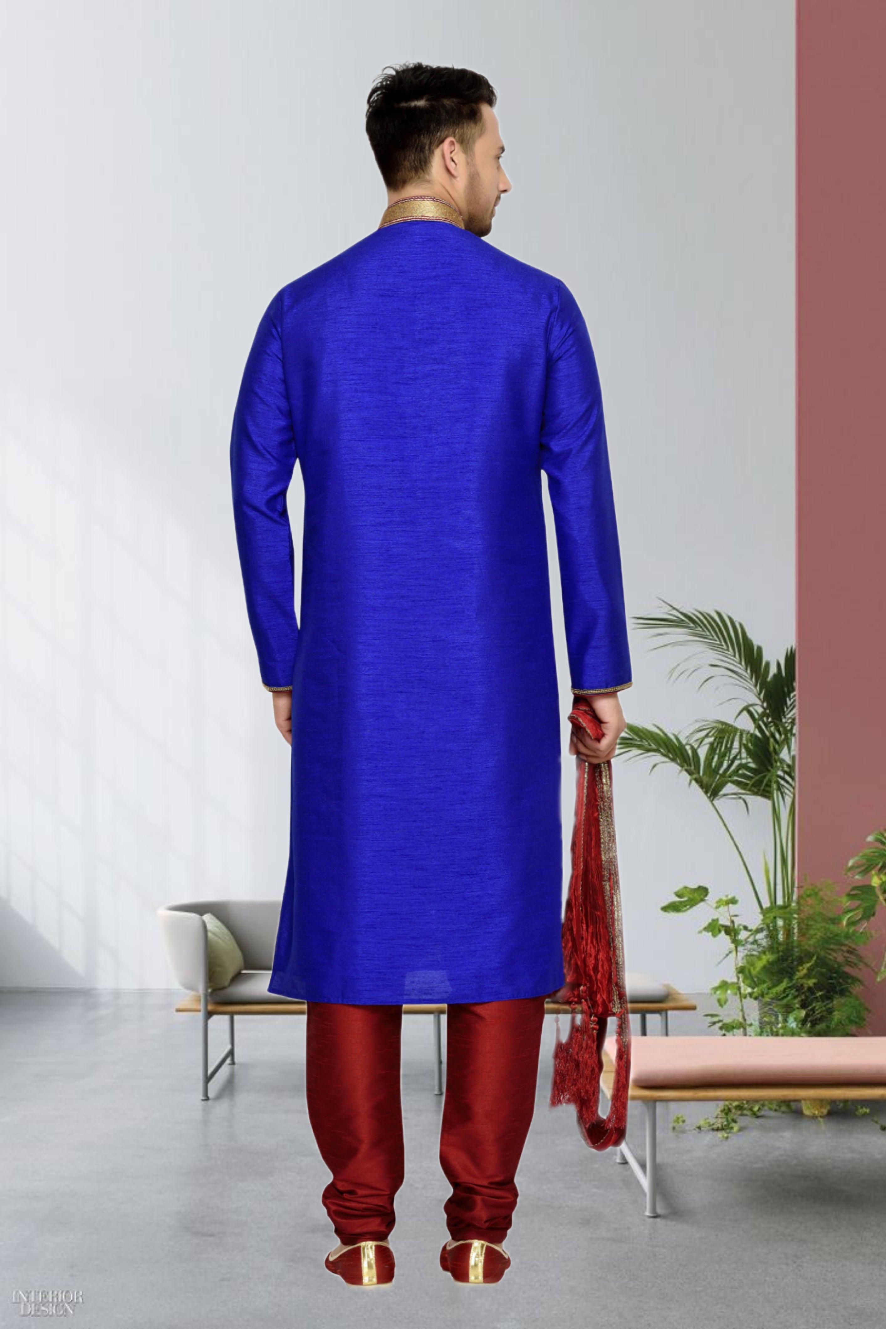 Men's Cotton Printed Work Kurta Pajama In Light Blue Colour