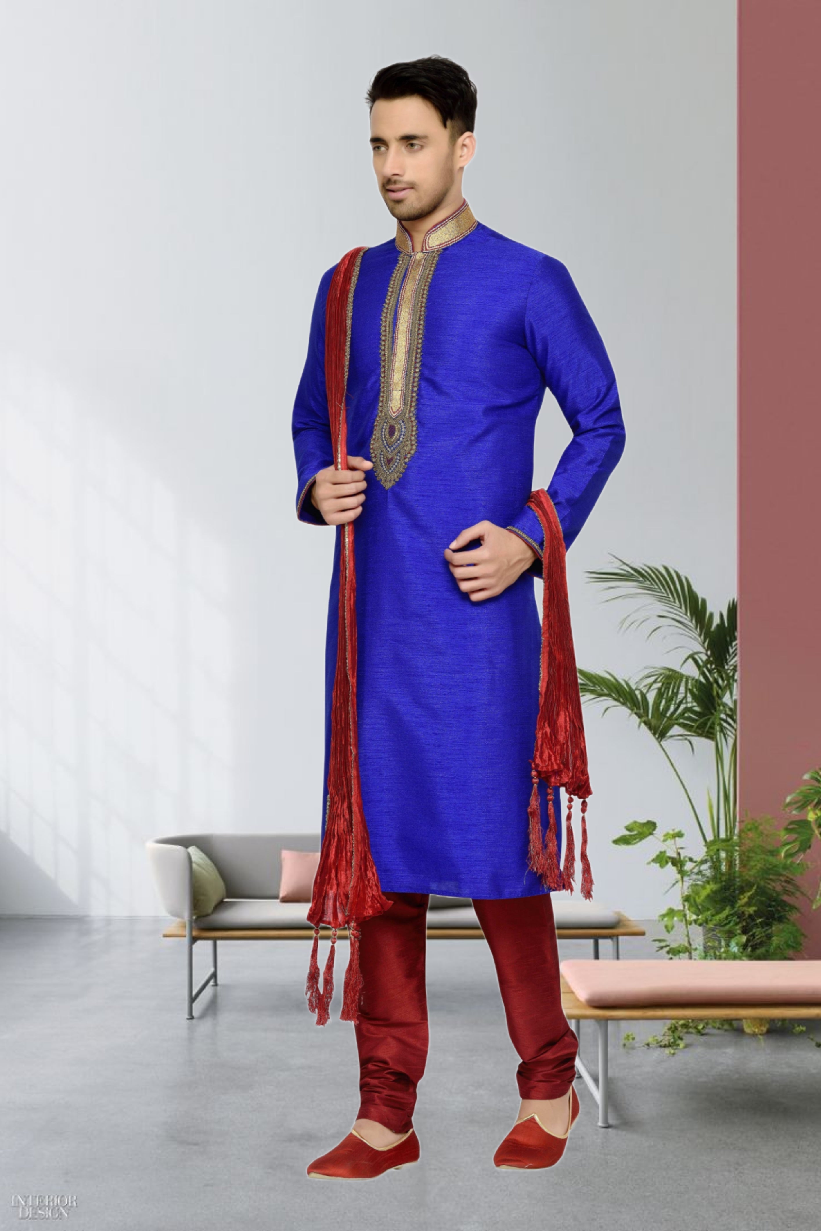 Men's Cotton Printed Work Kurta Pajama In Light Blue Colour