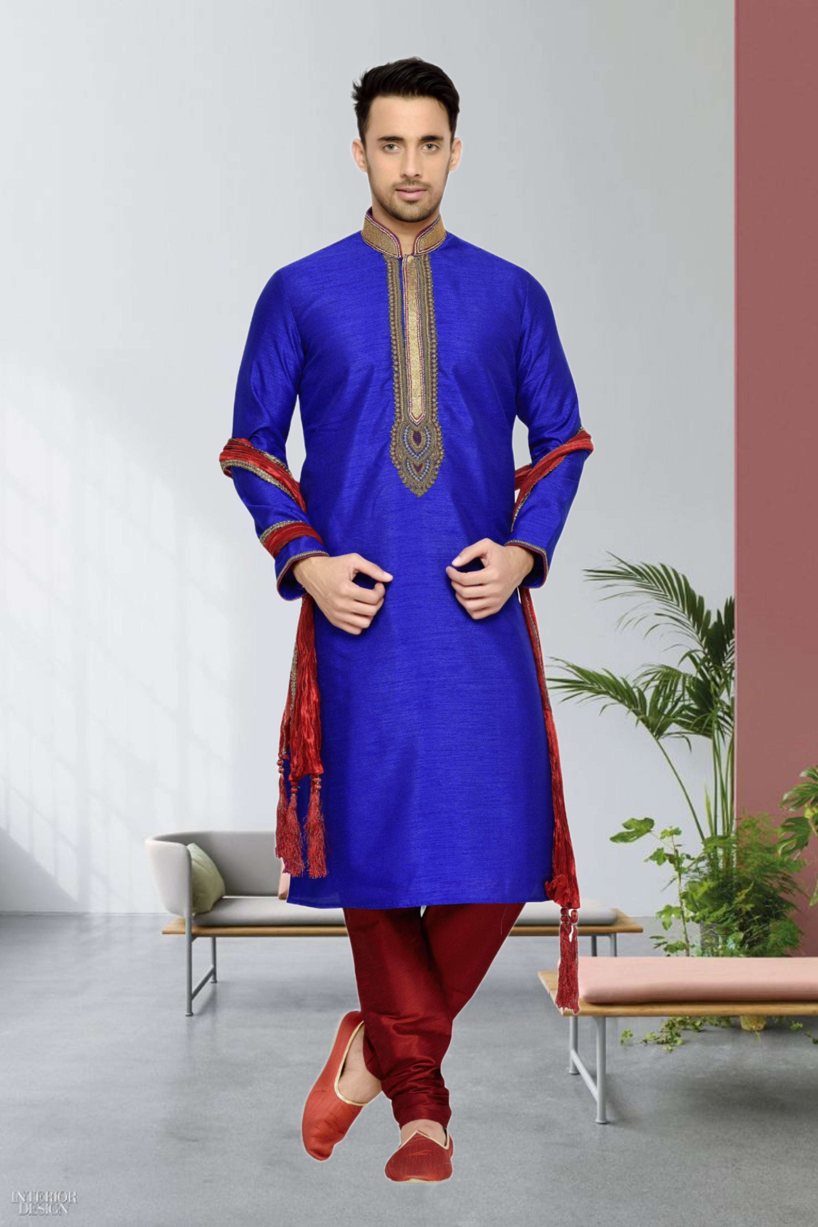 Men's Cotton Printed Work Kurta Pajama In Light Blue Colour
