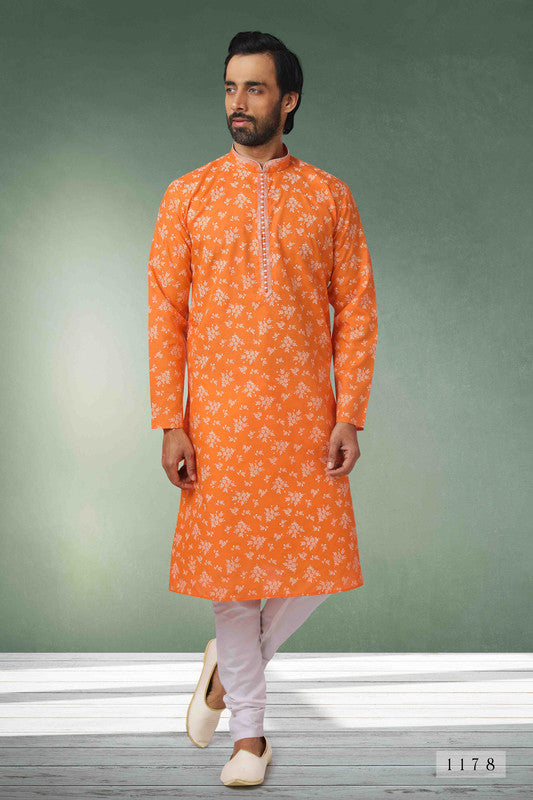 Men's Cotton Printed Work Kurta Pajama In Orange Colour