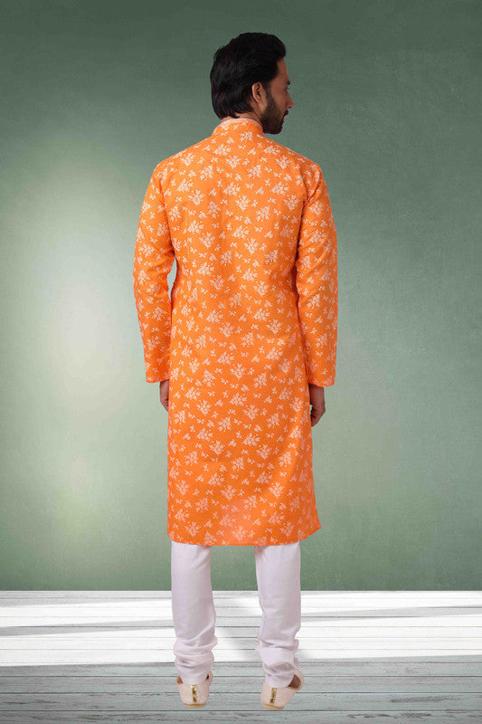 Men's Cotton Printed Work Kurta Pajama In Orange Colour